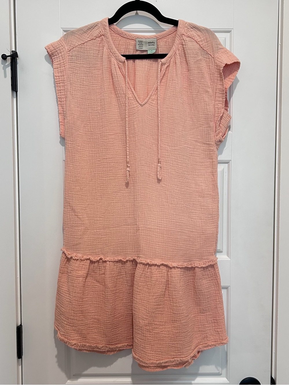 Saturday Sunday by Anthropologie Peach-Pink Gauze Tie-Neck Dress 100% Cotton